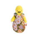 Moulin roty Plush toy duck wearing a floral dress on a white background