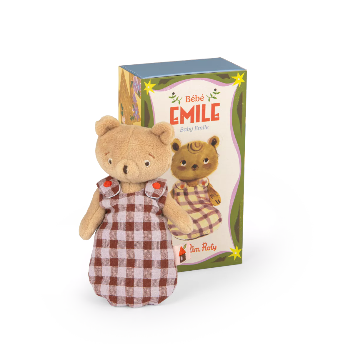 Moulin Roty Emile Plush toy bear in a checkered dress with packaging in the background