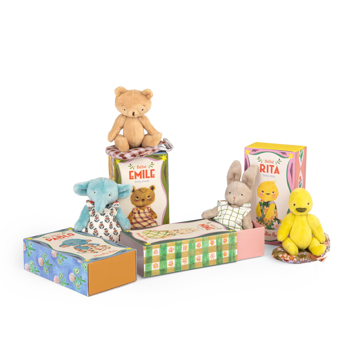 Moulin Roty Les Minouchkas Collection of small stuffed animals in colorful boxes on a white background
