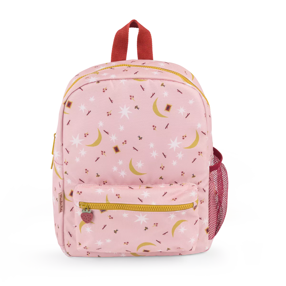 Pink backpack with a pattern on a white background