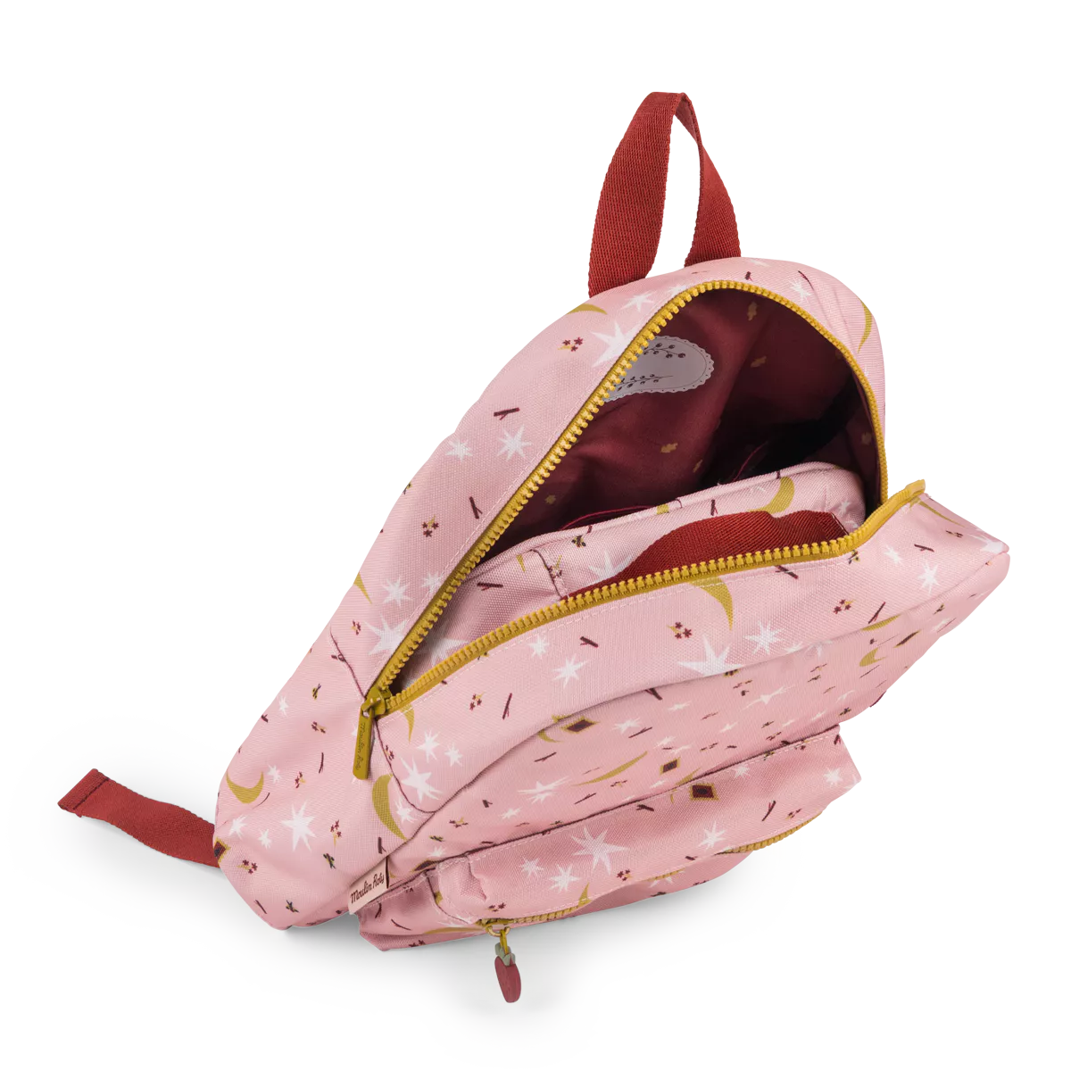 Pink backpack with floral pattern on a white background