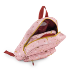 Pink backpack with floral pattern on a white background