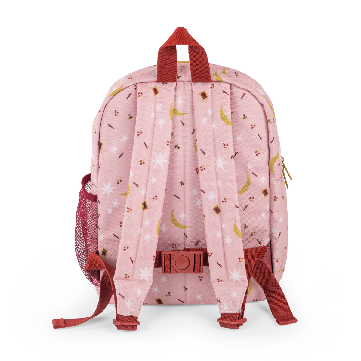 Pink backpack with moon and star pattern on a white background