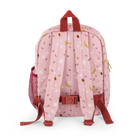 Pink backpack with moon and star pattern on a white background