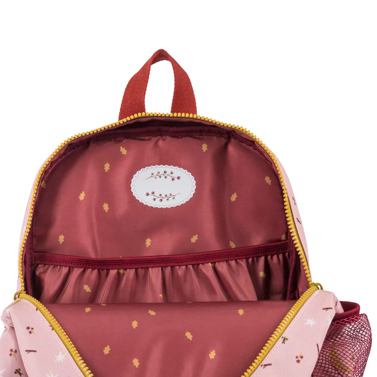 Moulin roty Pink backpack with floral patterns on a white background