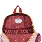 Moulin roty Pink backpack with floral patterns on a white background