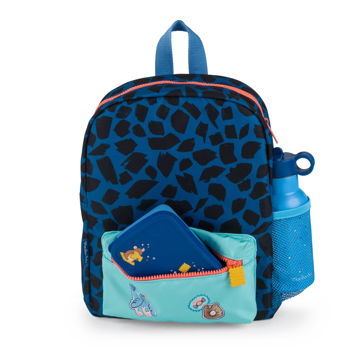Children's backpack with blue and black pattern, water bottle, and small pouch on a white background