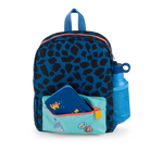 Children's backpack with blue and black pattern, water bottle, and small pouch on a white background