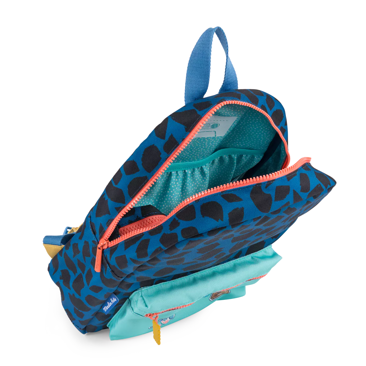 Blue backpack with black leopard print and orange zipper on a white background