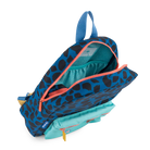 Blue backpack with black leopard print and orange zipper on a white background