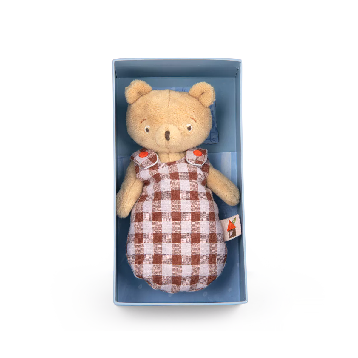Stuffed teddy bear in a checkered dress with a house tag inside a blue box on a white background