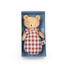 Stuffed teddy bear in a checkered dress with a house tag inside a blue box on a white background