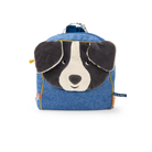 Moulin Roty Blue backpack with a dog face design on a white background