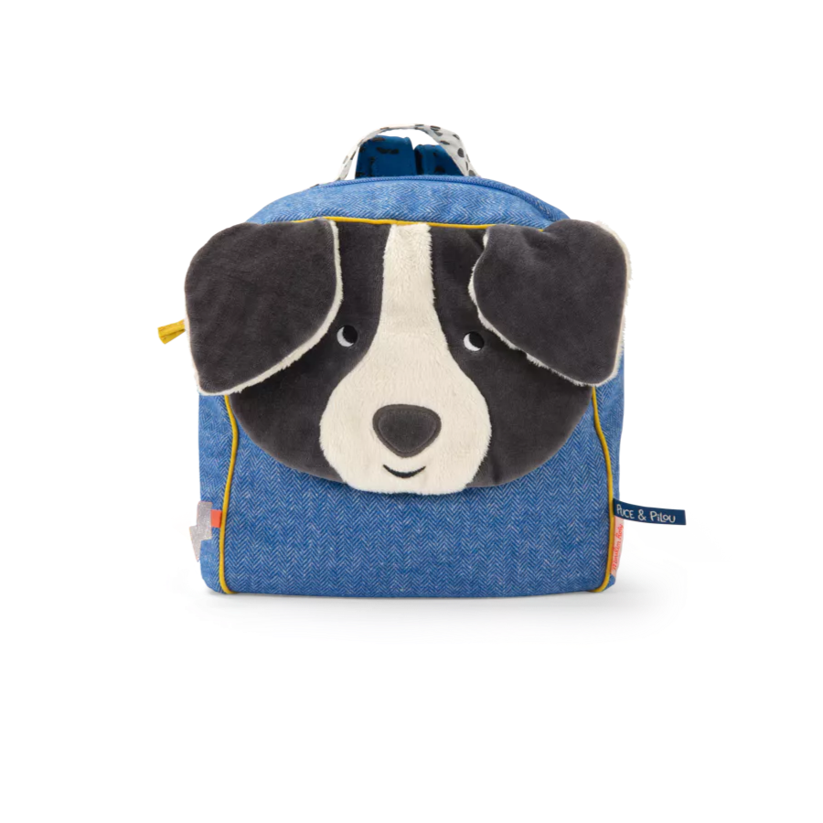 Moulin Roty Blue backpack with a dog face design on a white background
