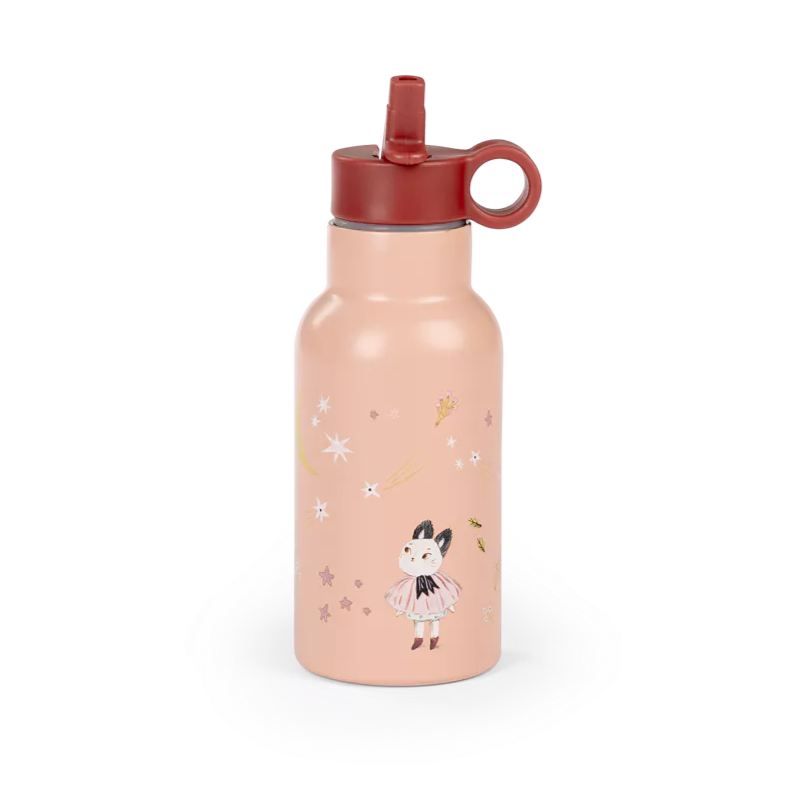 Moulin Roty Children's Water Bottle, Après La Pluie with a red lid on a white background