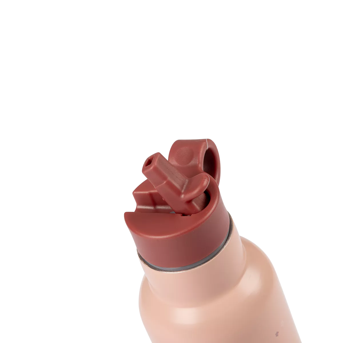 Close-up of a pink water bottle with a red straw lid on a white background