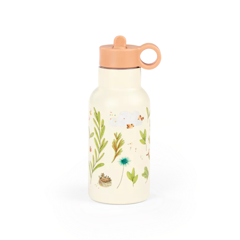 Water bottle with floral design and pink cap on a white background