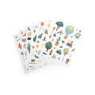 Two sheets of colorful illustrated stickers on a white background
