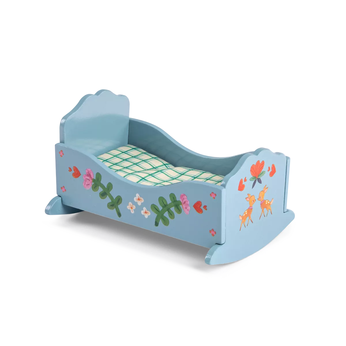 Blue wooden rocking crib with floral and deer designs on a white background