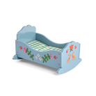 Blue wooden rocking crib with floral and deer designs on a white background