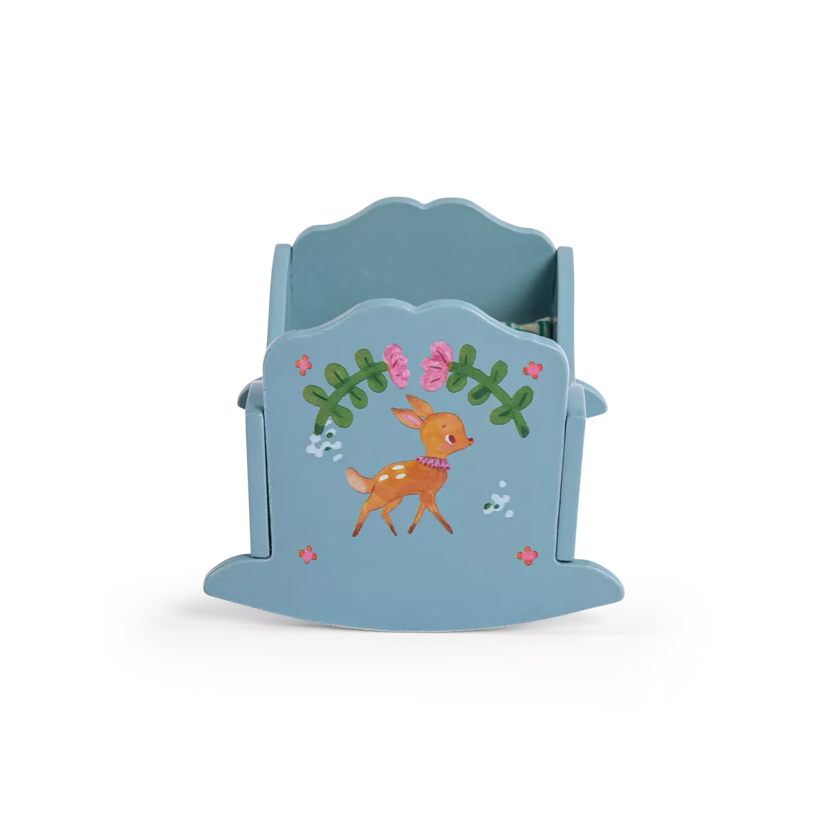 Blue decorative miniature toy cradle with a deer illustration on a white background