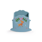 Blue decorative miniature toy cradle with a deer illustration on a white background