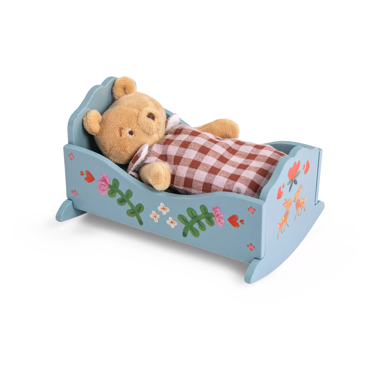 Small wooden bed with a teddy bear and checkered blanket on a white background