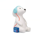 Moulin roty puce and pilou White dog nightlight with blue headphones and a blue cassette player on a white background
