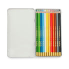 Set of colored pencils in a metal tin on a white background