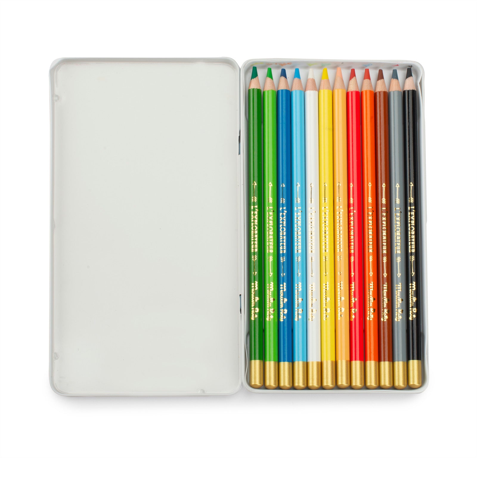 Set of colored pencils in a metal tin on a white background