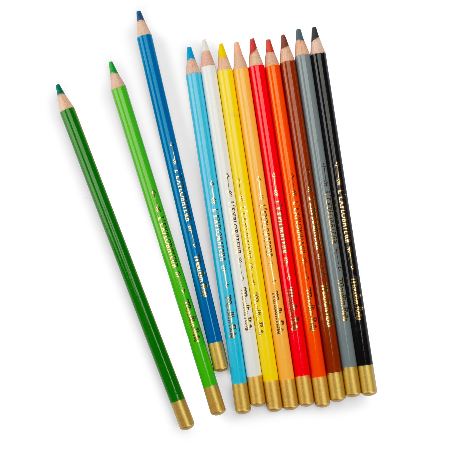 Set of colored pencils in various colors on a white background