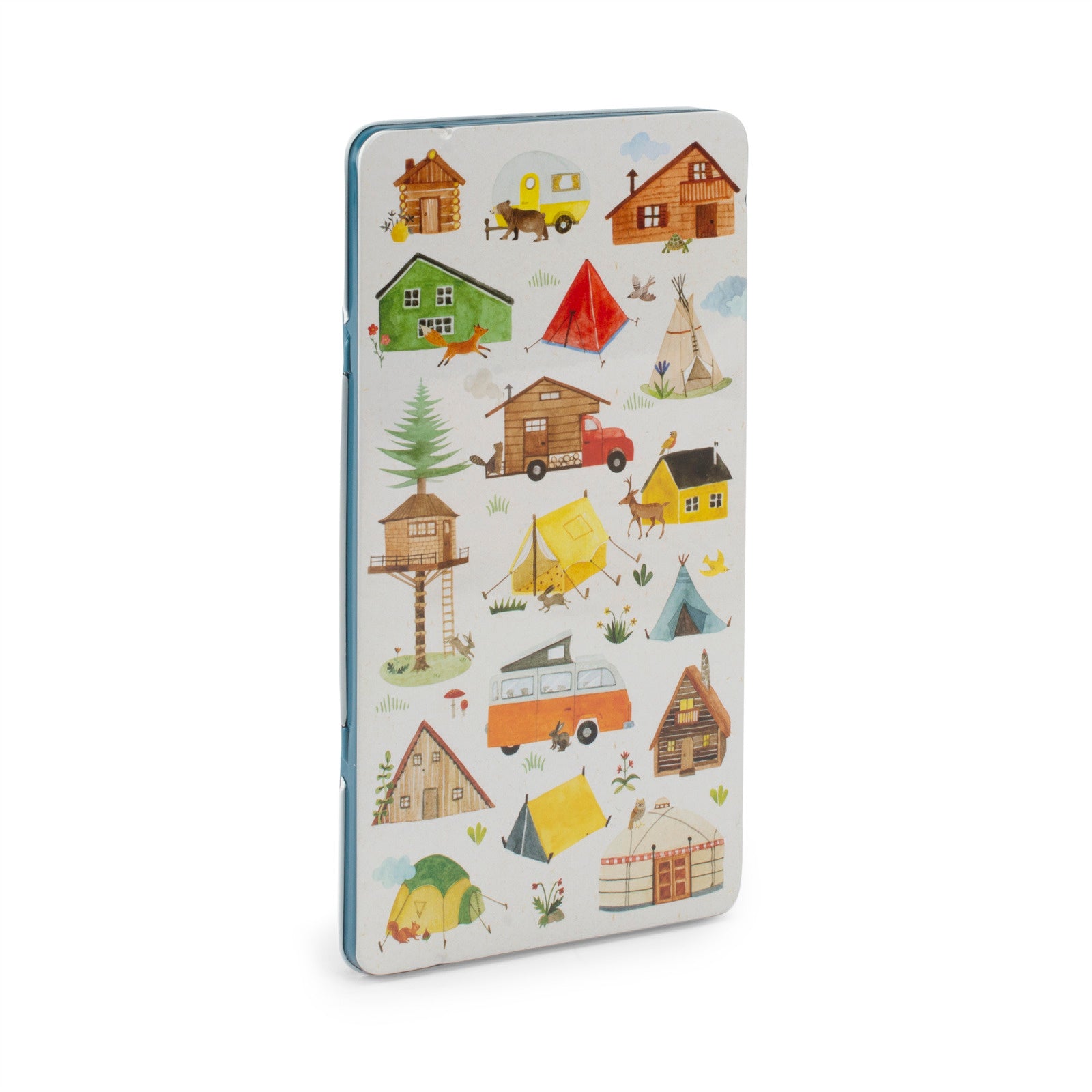 Phone case with camping-themed design on a white background