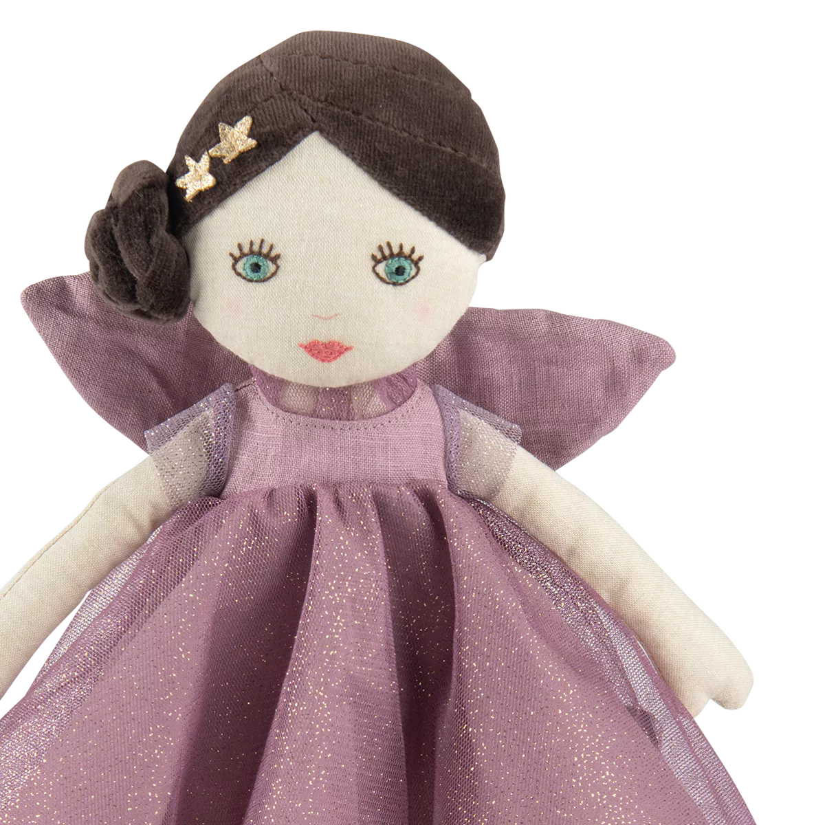 Fairy doll with a purple dress and brown hair on a white background