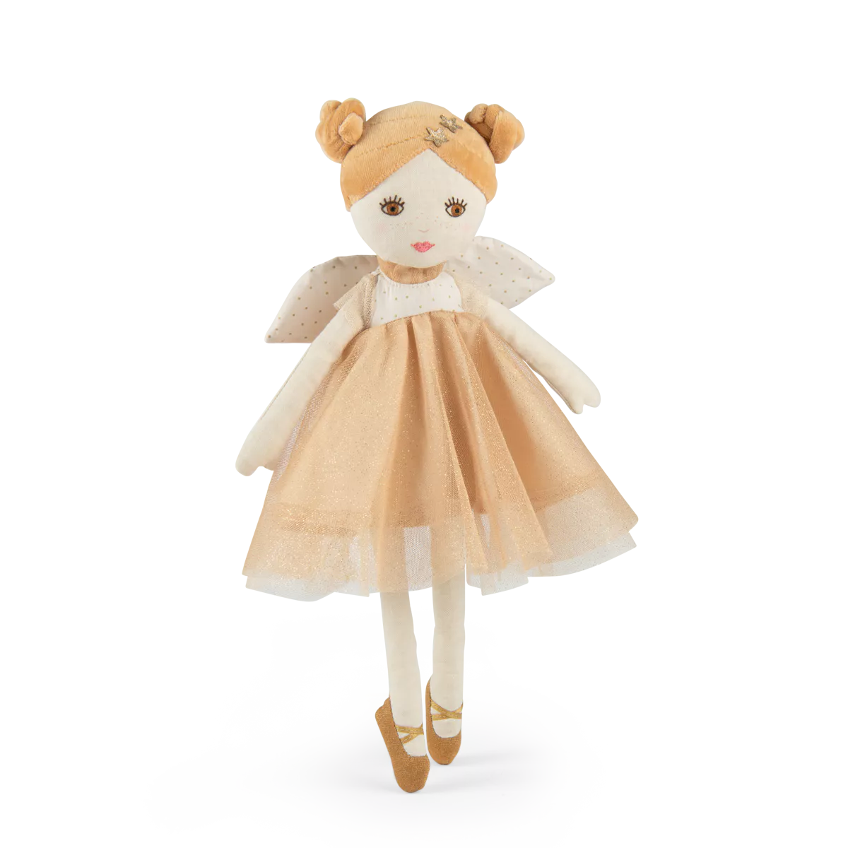 Stuffed fairy doll with a gold dress and wings on a white background