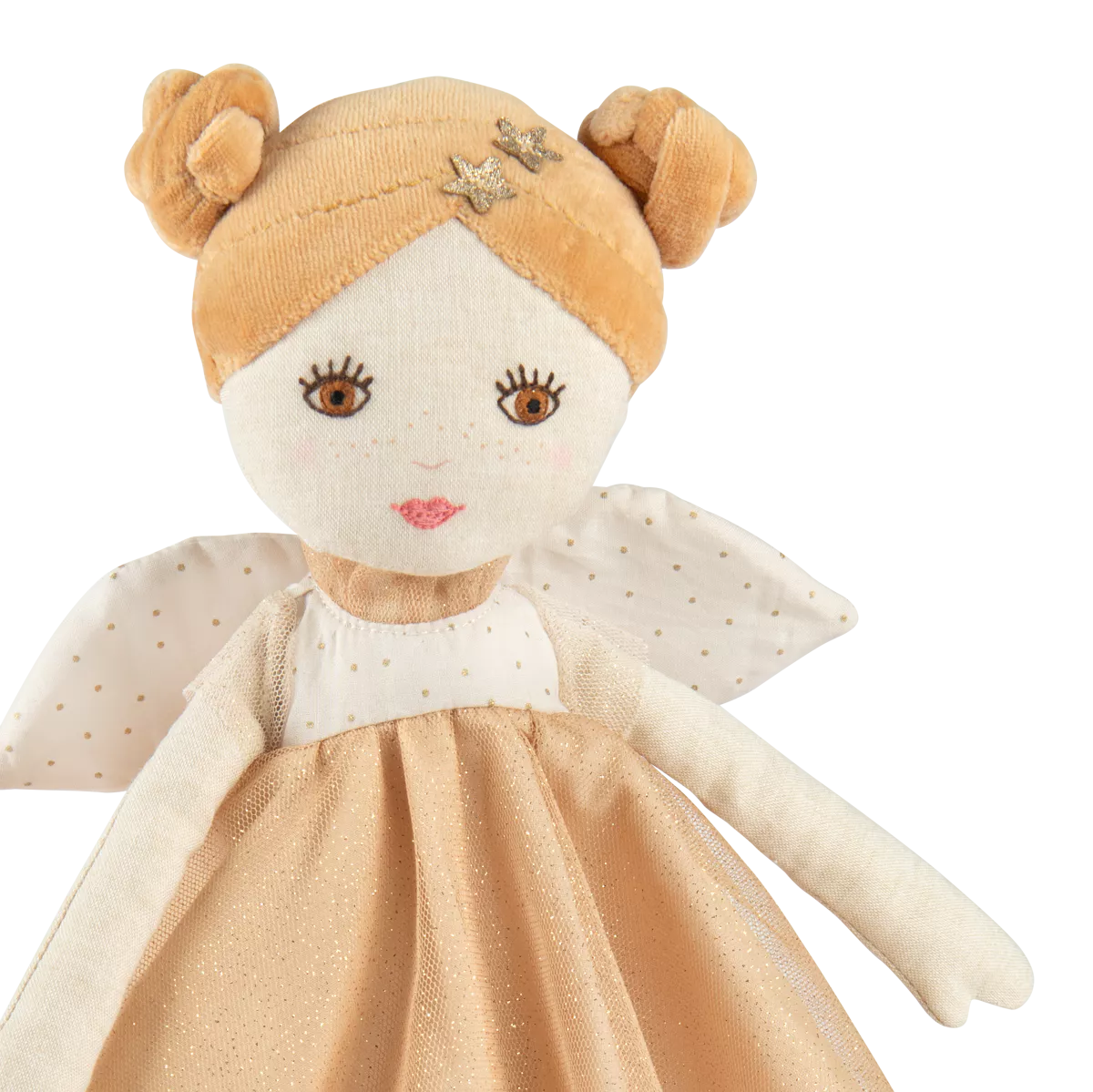 fairy doll with gold dress and hair on a white background