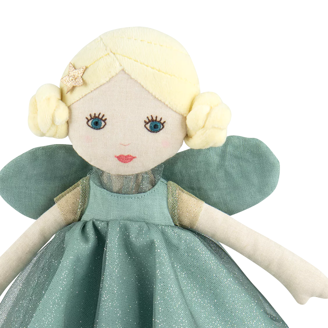 Fairy doll with blonde hair, blue eyes, and a green dress on a white background