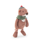 A plush toy otter wearing a green knit scarf and a striped beanie with a red pom-pom, standing against a plain white background.