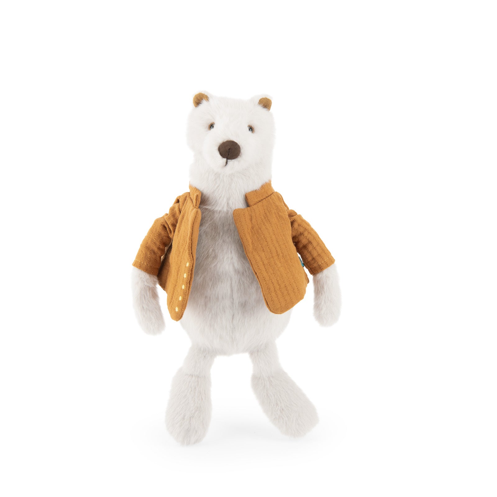 A plush polar bear toy wearing a mustard yellow corduroy jacket, standing against a solid white background.