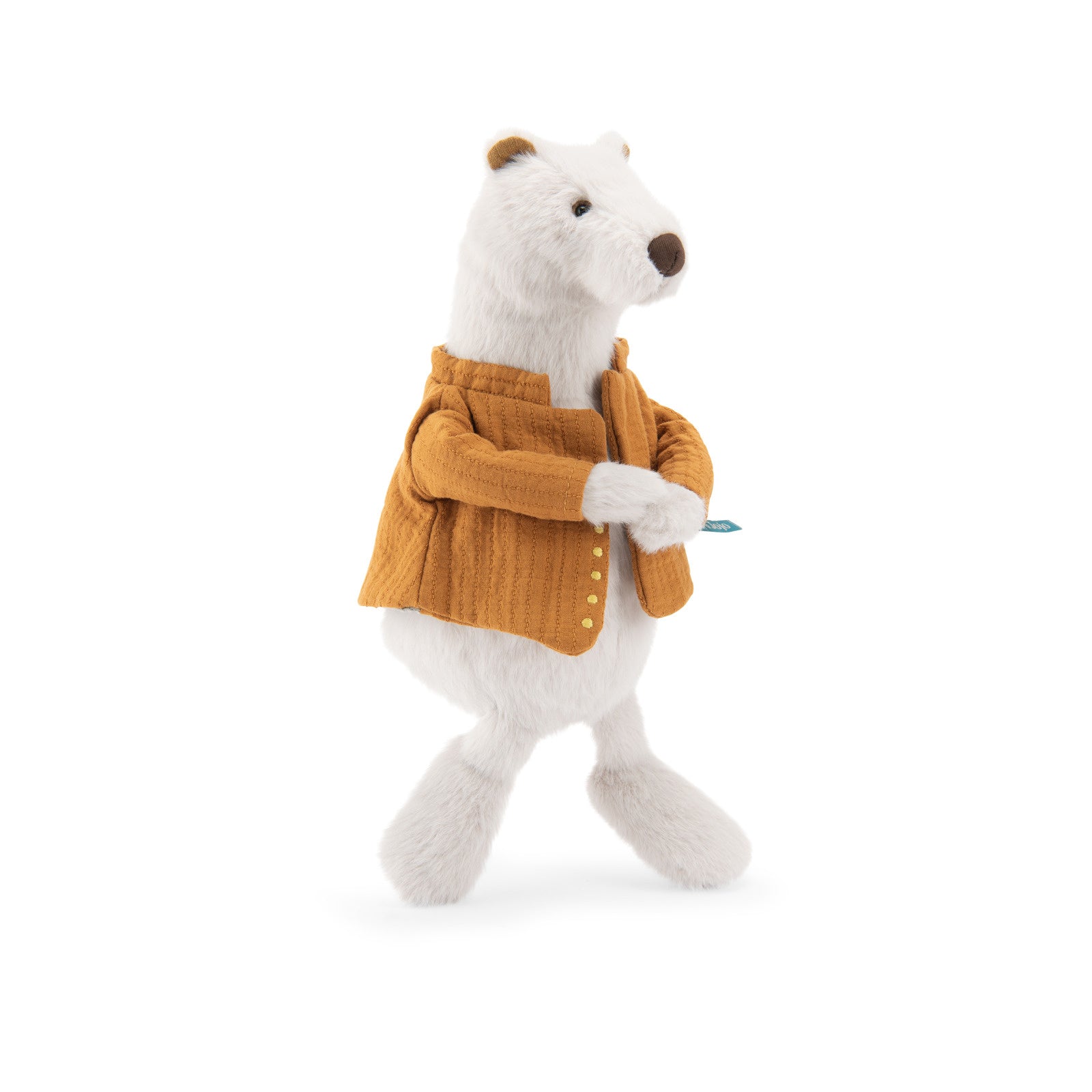 A plush polar bear toy wearing a mustard yellow knit sweater, standing on its hind legs against a plain white background.