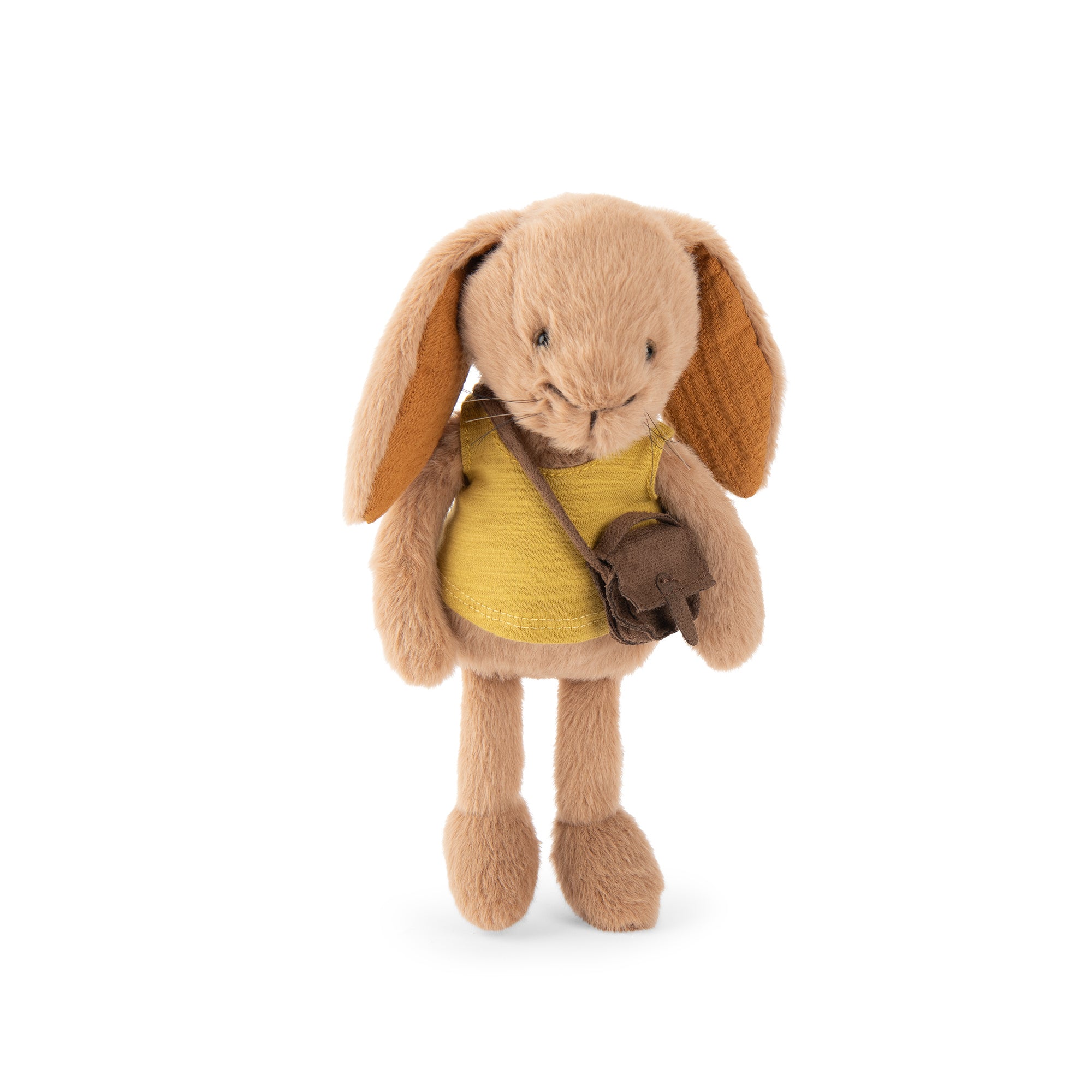 A plush bunny toy in light tan with long floppy ears, wearing a mustard yellow top and carrying a small brown crossbody bag, photographed on a clean white background.