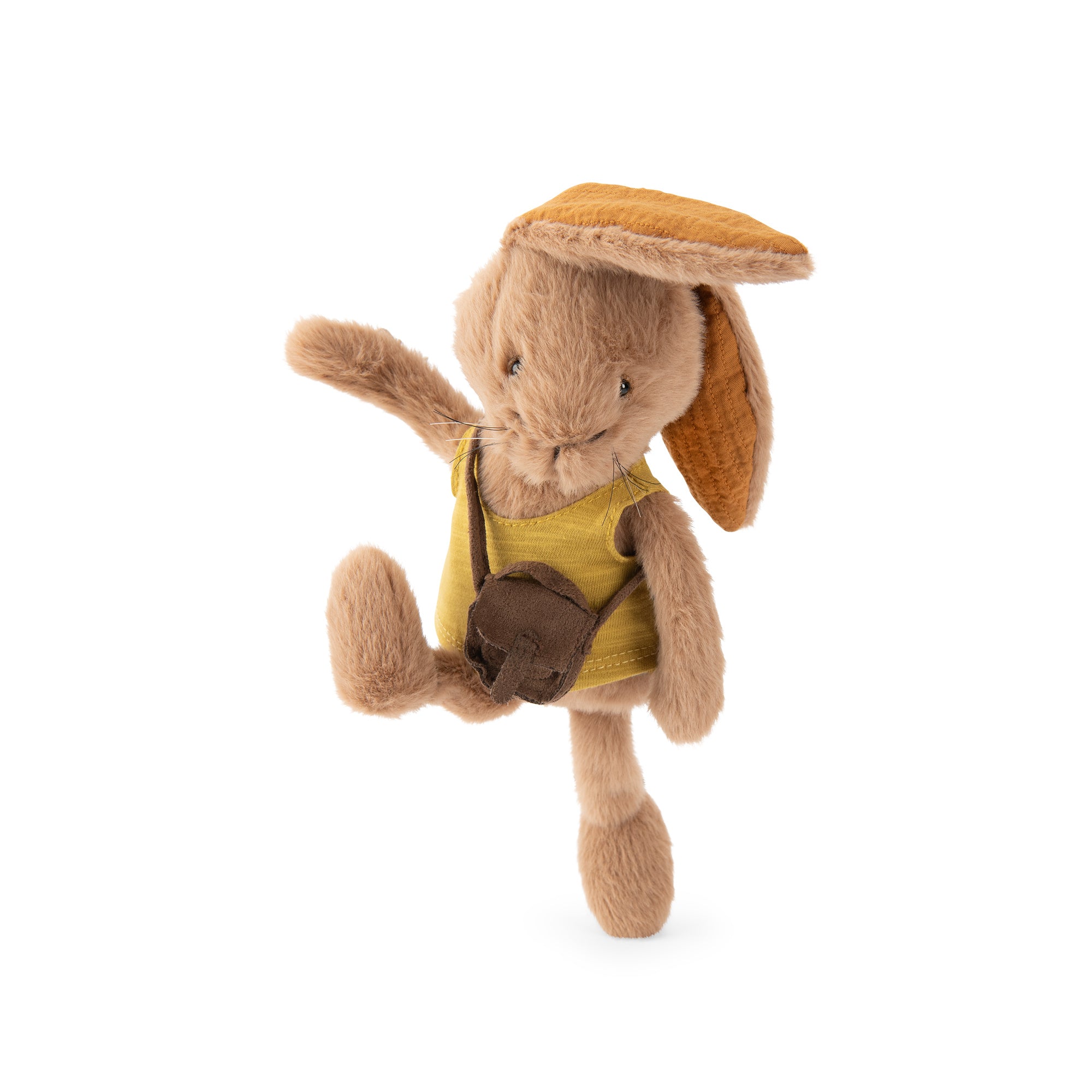 A plush toy rabbit character in a yellow outfit with a brown hat and small brown bag, posed against a plain white background.