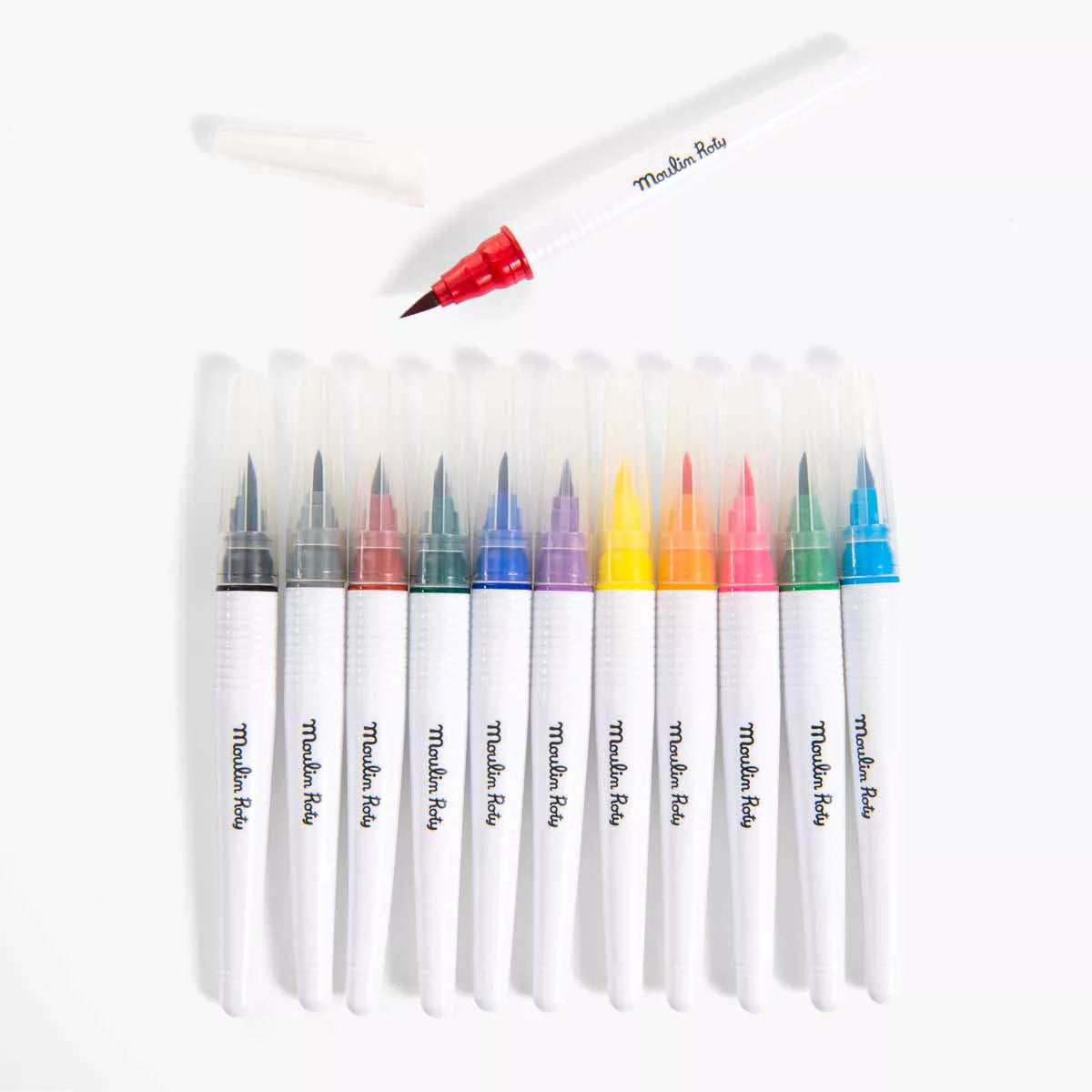 Set of colorful markers with a white cap on a white background