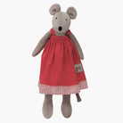 Stuffed mouse toy wearing a red dress with a checkered bottom on a white background