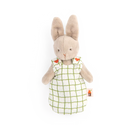 Stuffed rabbit toy wearing a white dress with green grid pattern on a white background