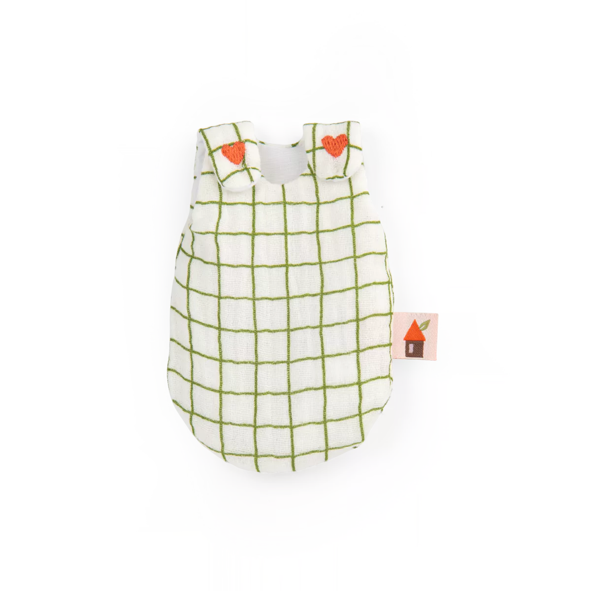 Green and white checkered dress with red hearts on a white background