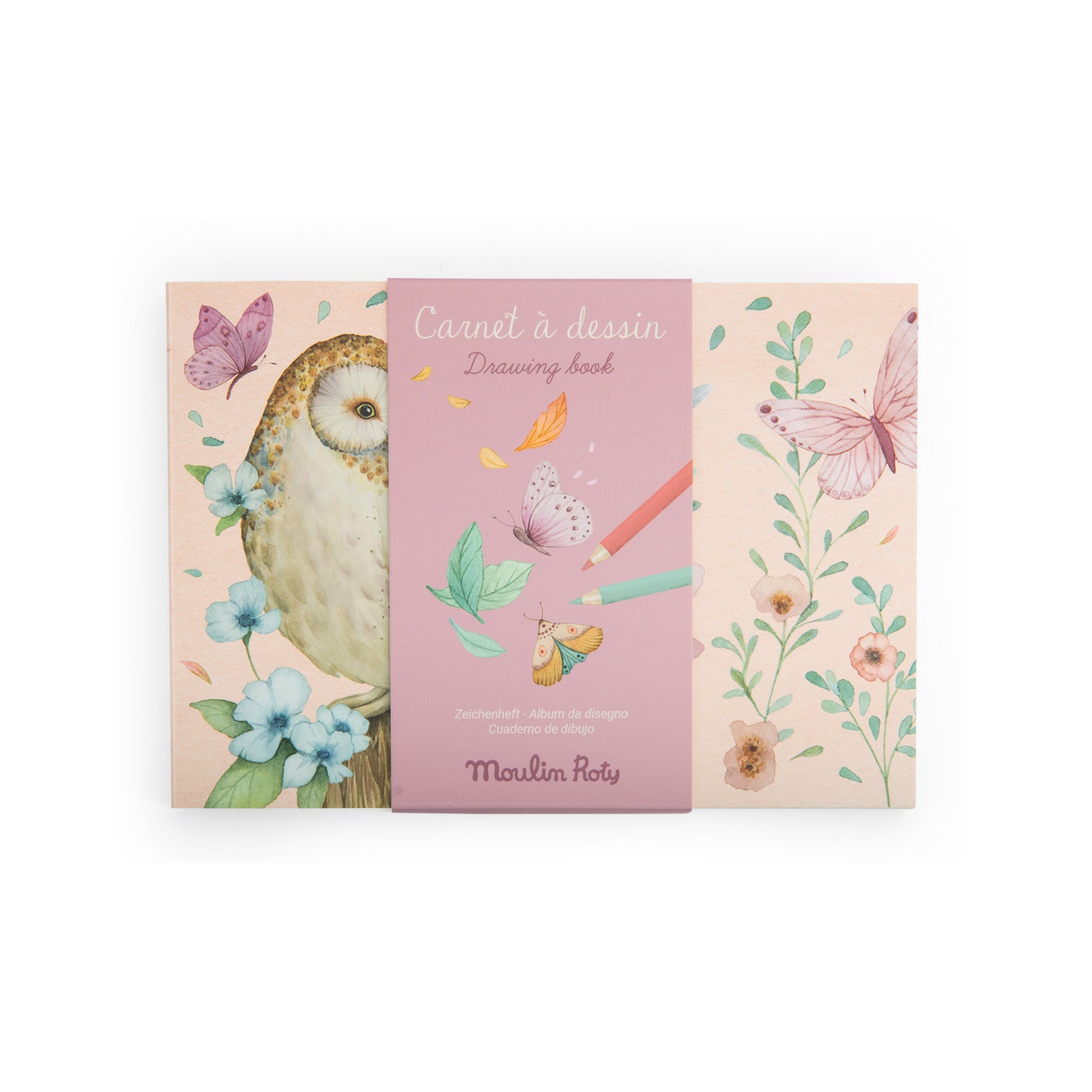 Drawing book with owl and floral design on a white background