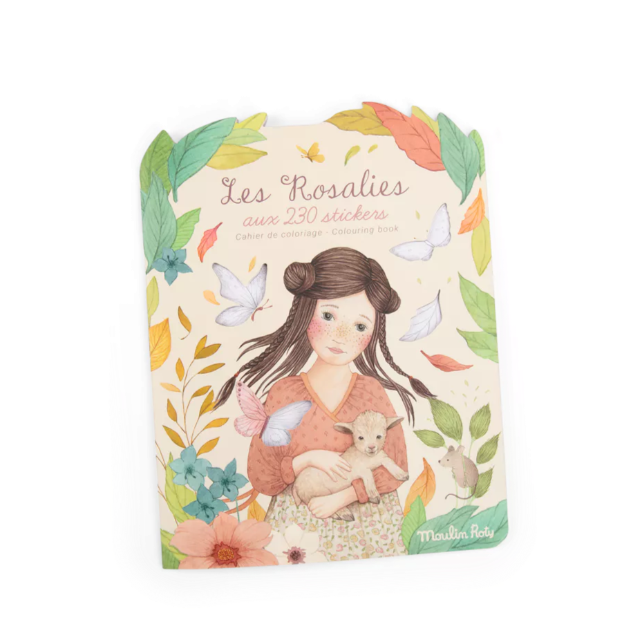 Moulin Roty Les Rosalies Pack of stickers with illustration of a girl holding a lamb and surrounded by nature-themed designs.