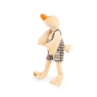 Plush toy duck wearing a plaid outfit on a white background