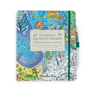 A hardcover coloring book titled 'Coloriage Aquarelle Magique' by Moulin Roti, featuring a vibrant underwater scene illustration on the cover. It includes a green elastic closure and a matching green pen tucked on the side, set against a plain white background.