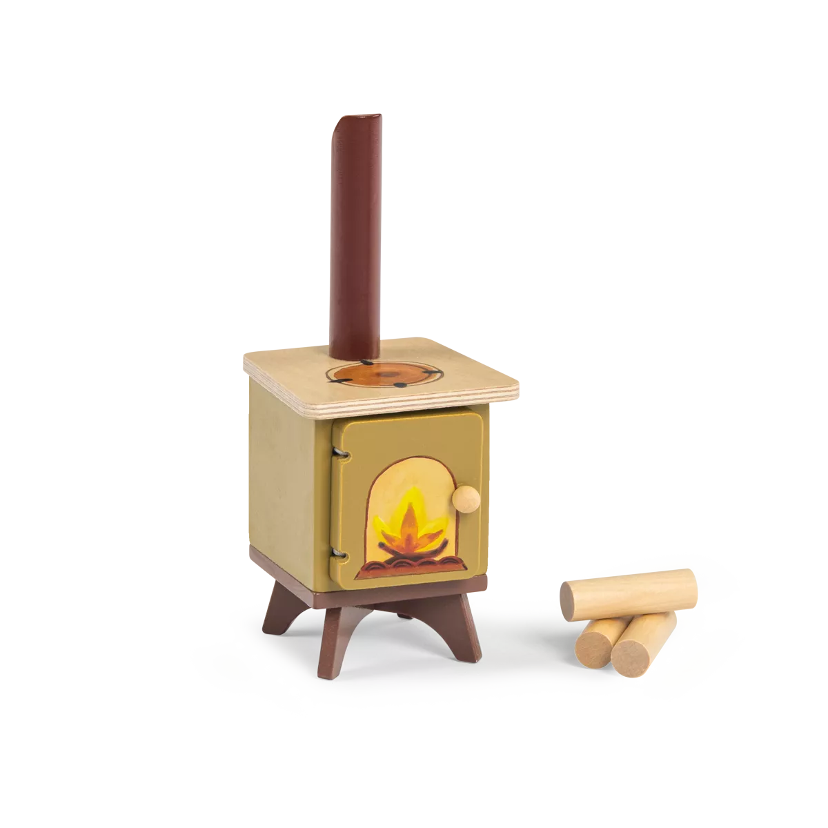 Wooden toy stove with a flame inside, accompanied by two logs on a white background